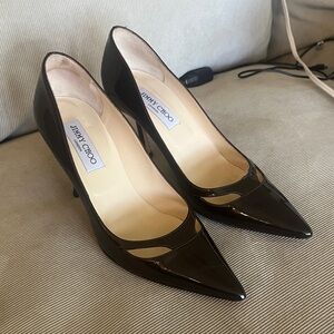 Jimmy Choo Black Patent Pointed Toe Cutout Pumps